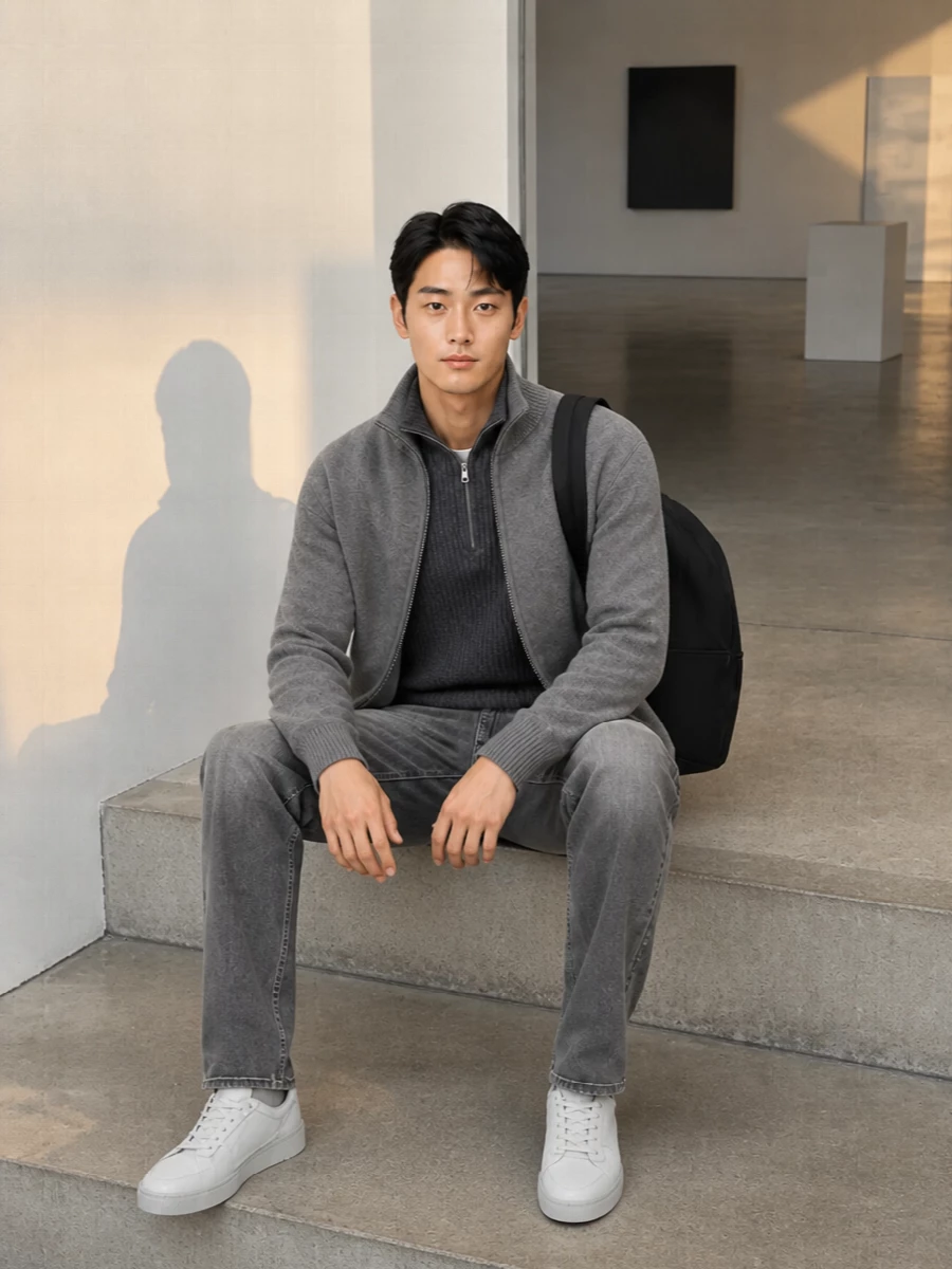 Axel arigato grey jacket closed half zip jeans