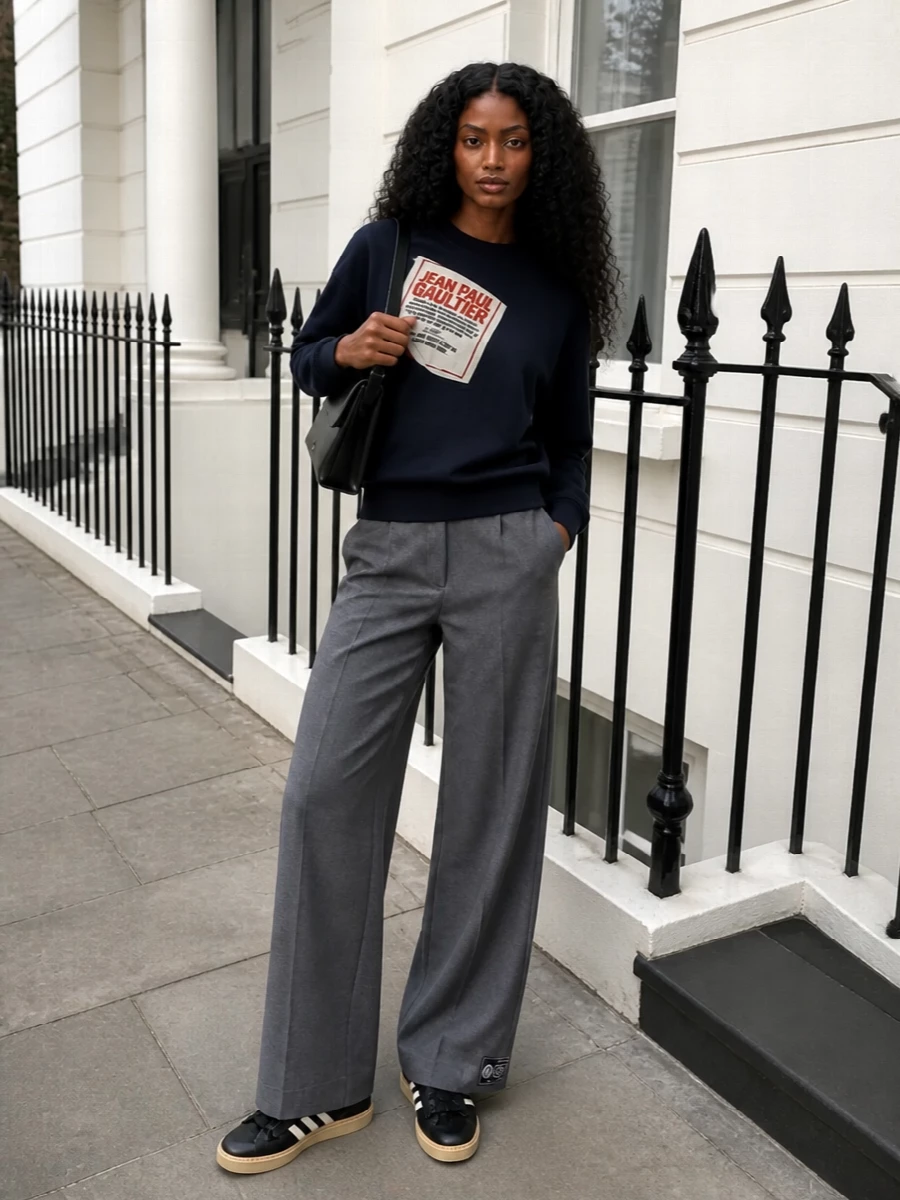 Gaultier sweatshirt wide leg trousers sneakers