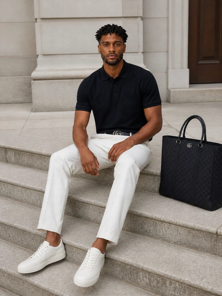 Gucci navy polo ivory trousers sneakers
