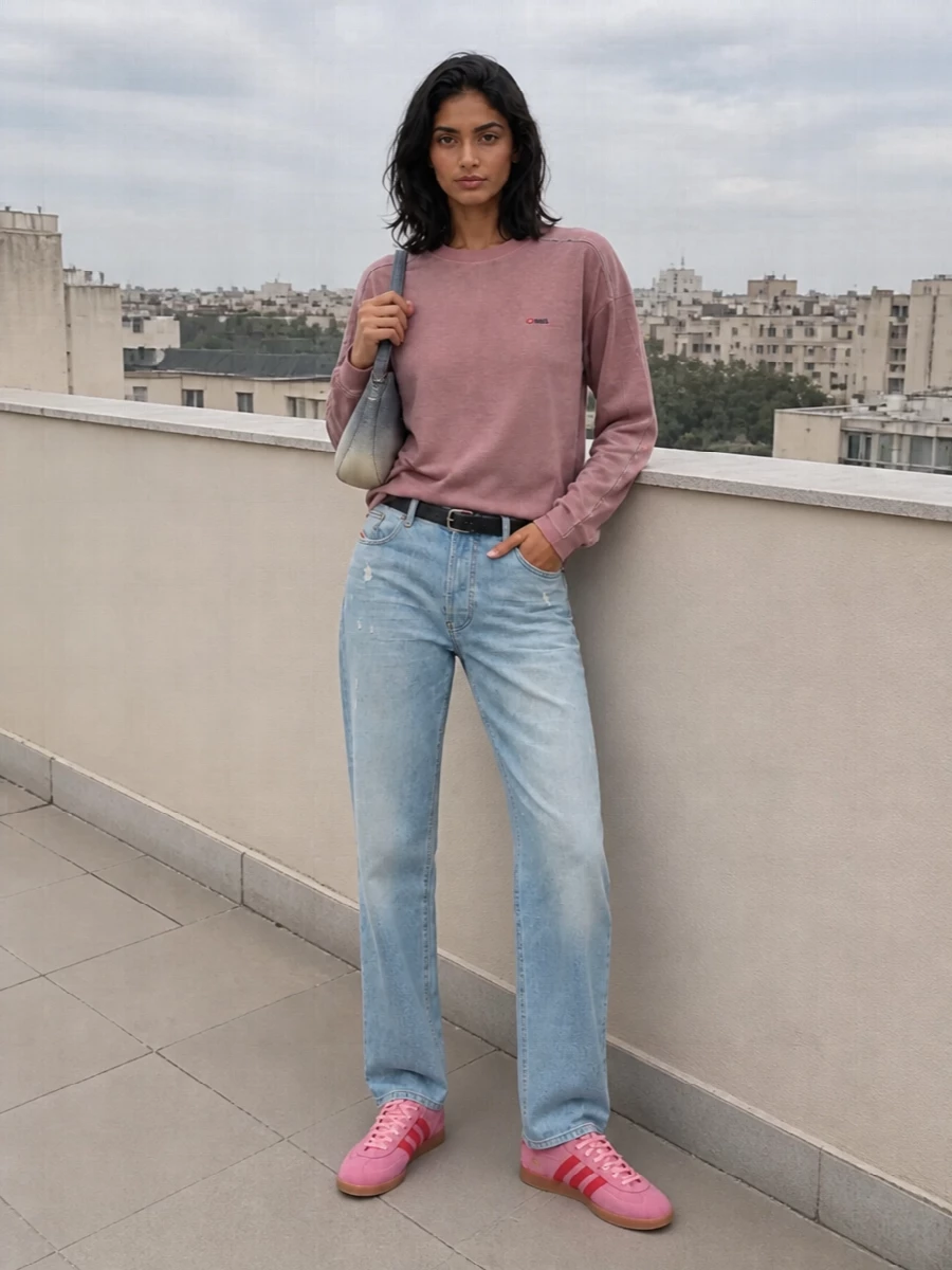 Diesel dusty pink sweatshirt light wash jeans outfit