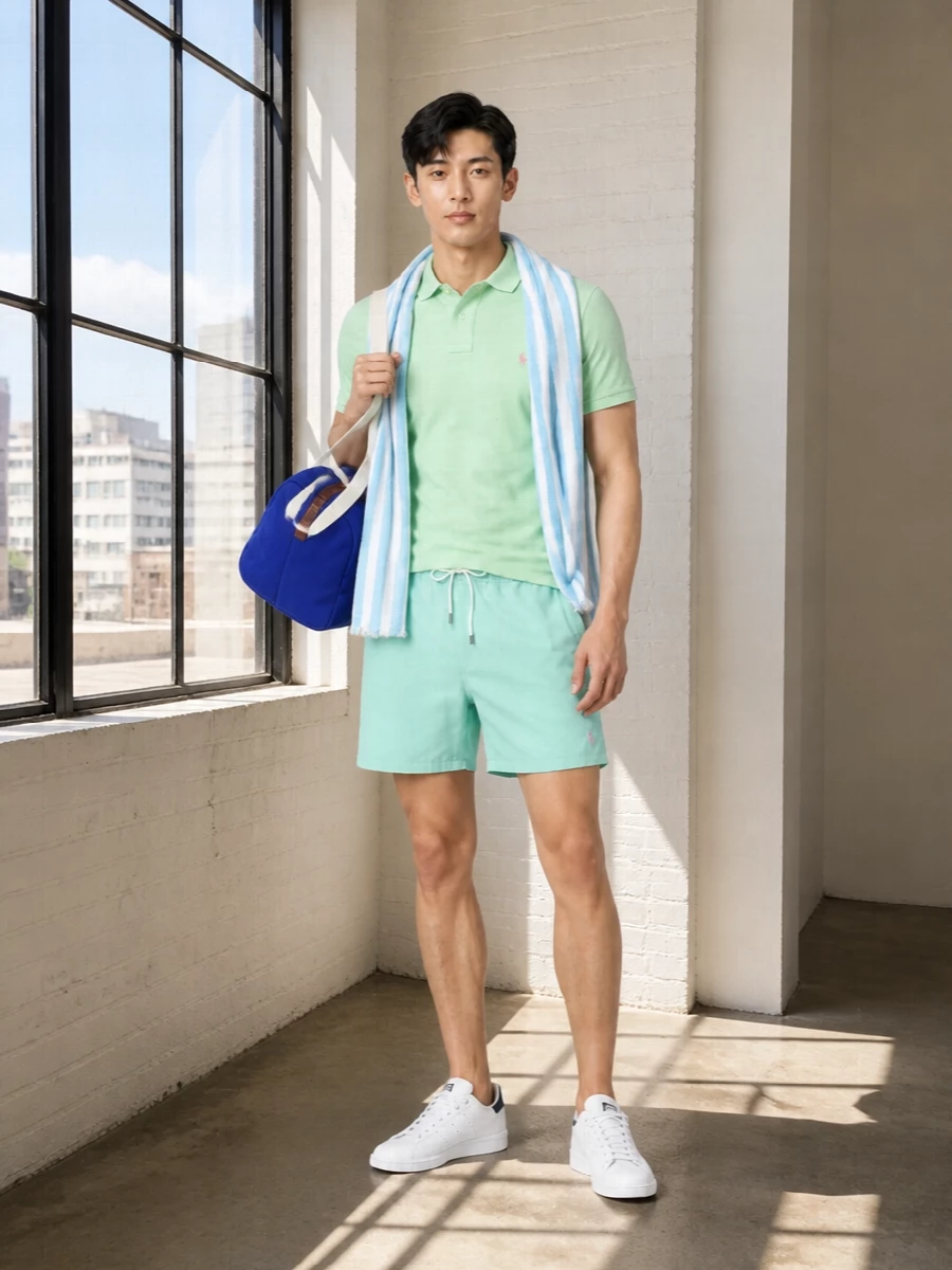 Mint-on-mint Ralph Lauren pieces set a relaxed, coastal mood, with the pastel polo echoing the deck short’s softness for a quietly confident poolside outfit. Clean white and navy court sneakers keep it sharp and athletic, while the royal-blue duffle and airy striped scarf bring in deeper sea tones and an easy, weekend-ready attitude.
