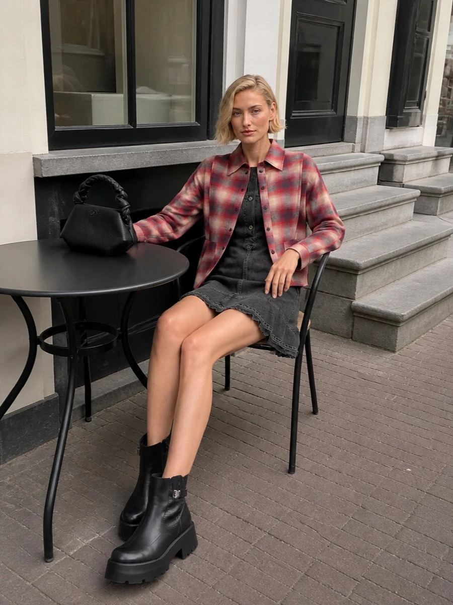 Ganni plaid jacket denim mini dress outfit
