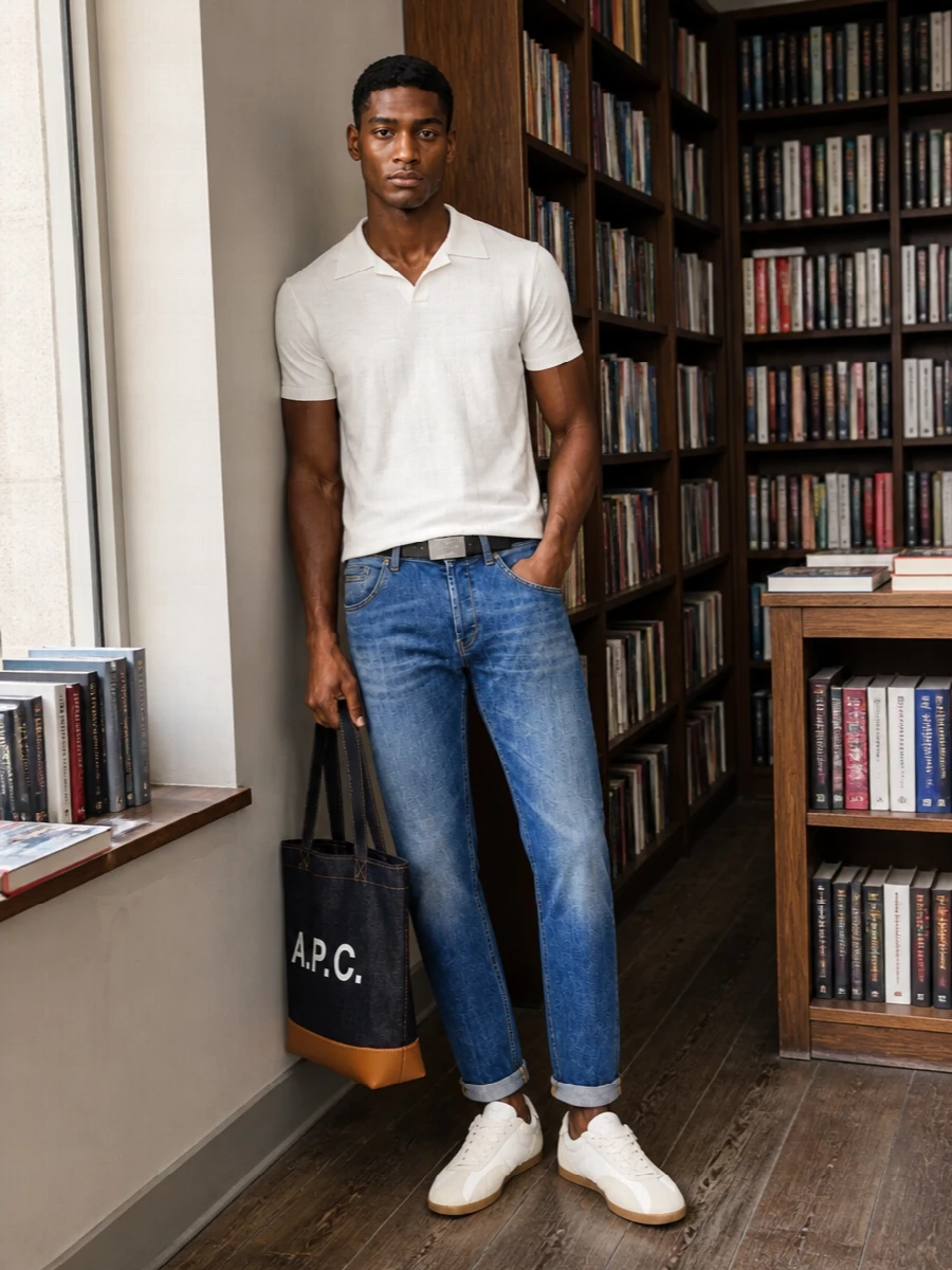 Mid blue denim and a sharp white knit polo keep this outfit clean, easy and quietly put together. Rolled hems, low-profile trainers and a slim leather belt hold the proportions close to the body, so it feels relaxed but still precise. The indigo tote introduces structure and a hint of tan, giving the palette just enough warmth for polished, everyday wear.