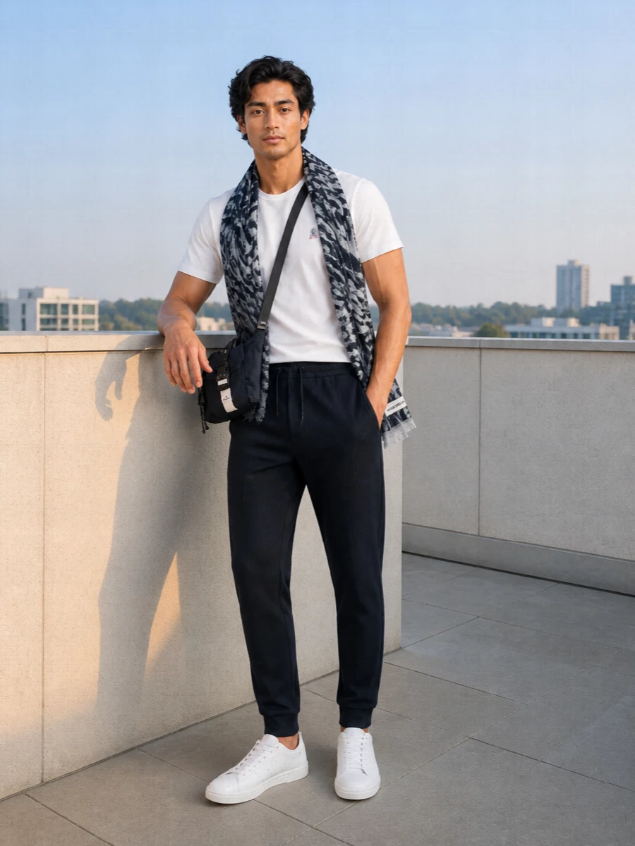 A clean white sport tee meets deep navy ribbed joggers for a simple, modern spin on athleisure that still feels put-together. All-white court sneakers keep the lines crisp, while the compact technical crossbody and lightweight scarf add just enough city detail without cluttering the silhouette.