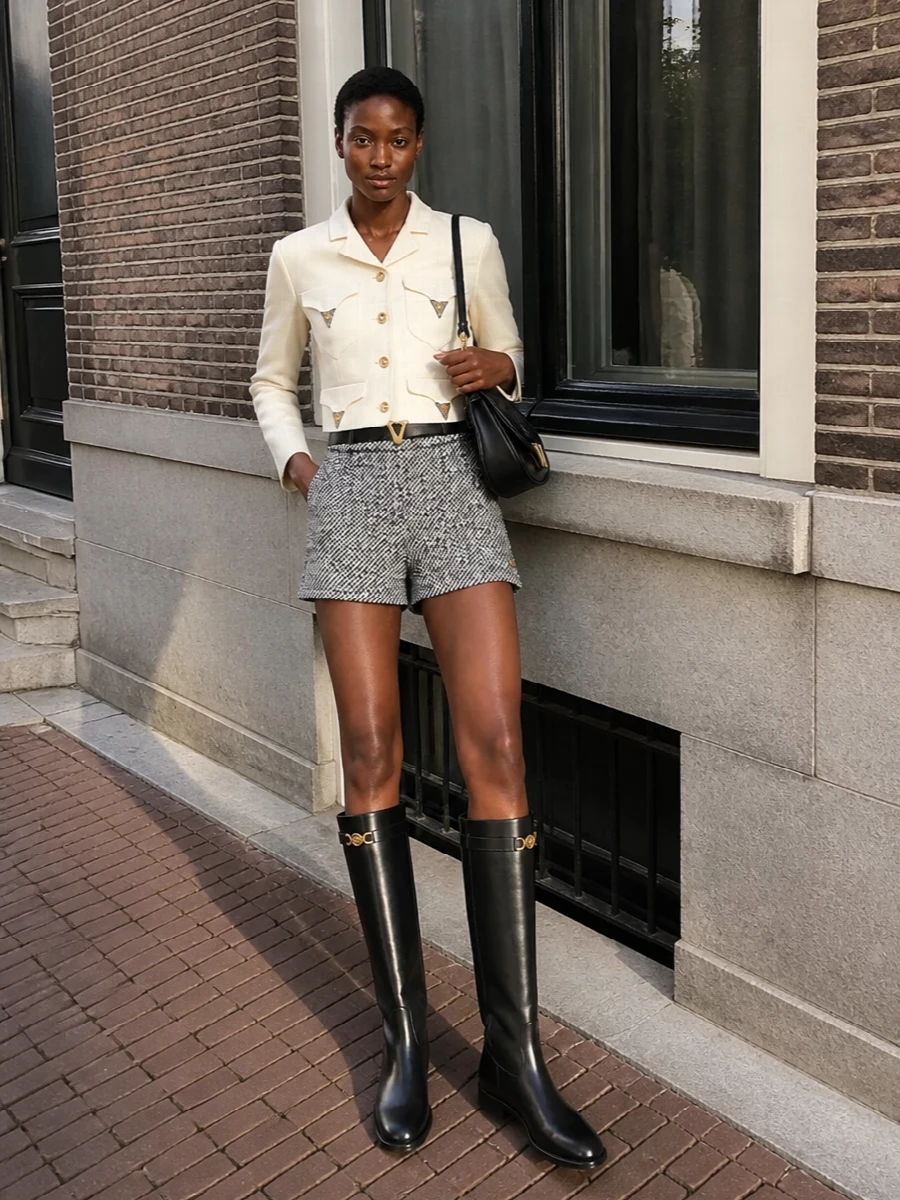 Versace tweed mini cream jacket boots