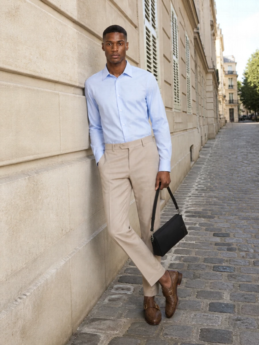 Dries Van Noten’s pale blue shirt is grounded by light beige tailored trousers for a clean, modern take on smart summer dressing. Woven brown monk loafers keep the line sharp but relaxed, while the compact black shoulder bag adds a subtle graphic note without breaking the soft, neutral palette. The result is quietly polished and versatile enough for office days that slide into dinner.