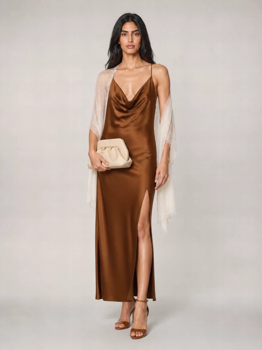 The Andamane Satin Cowl-Neck Spaghetti-Strap Maxi Dress