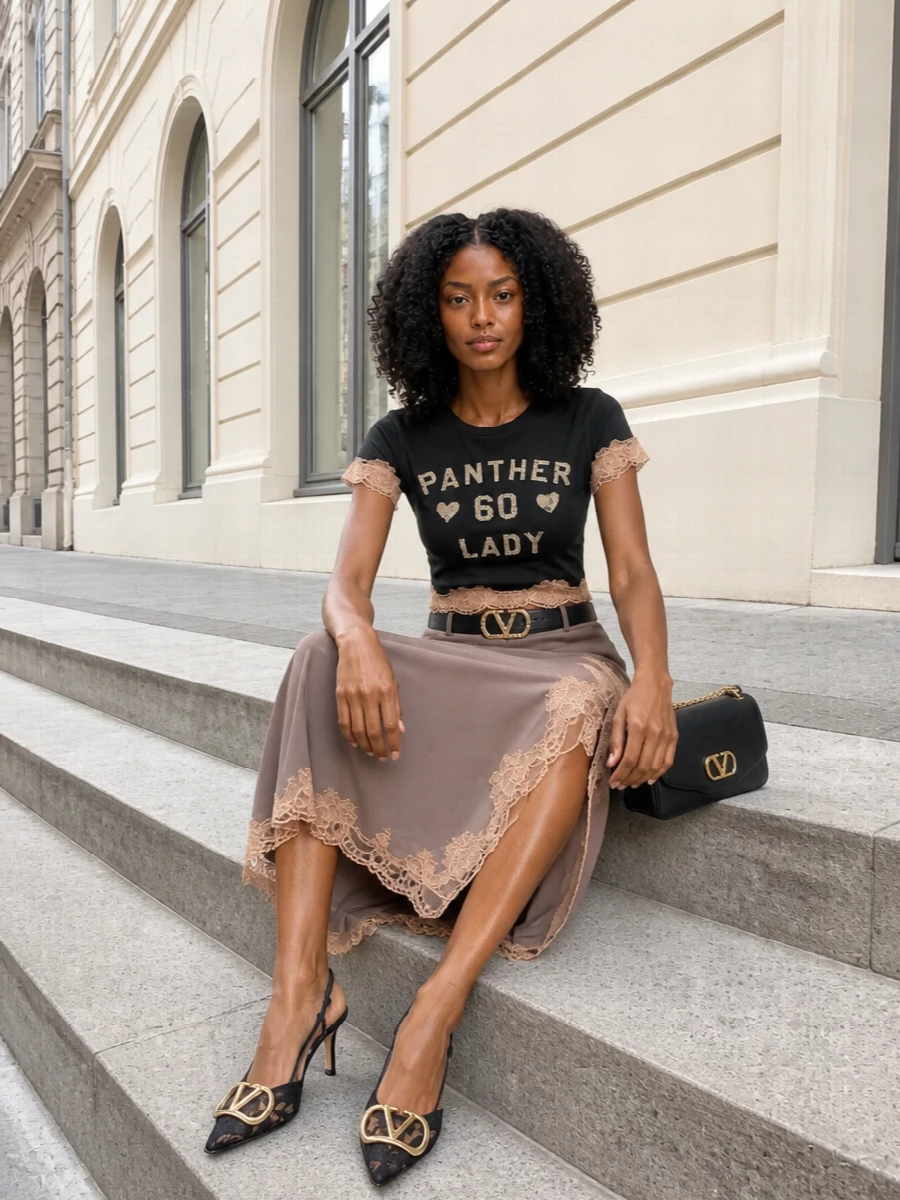 Valentino lace tee taupe midi skirt slingbacks