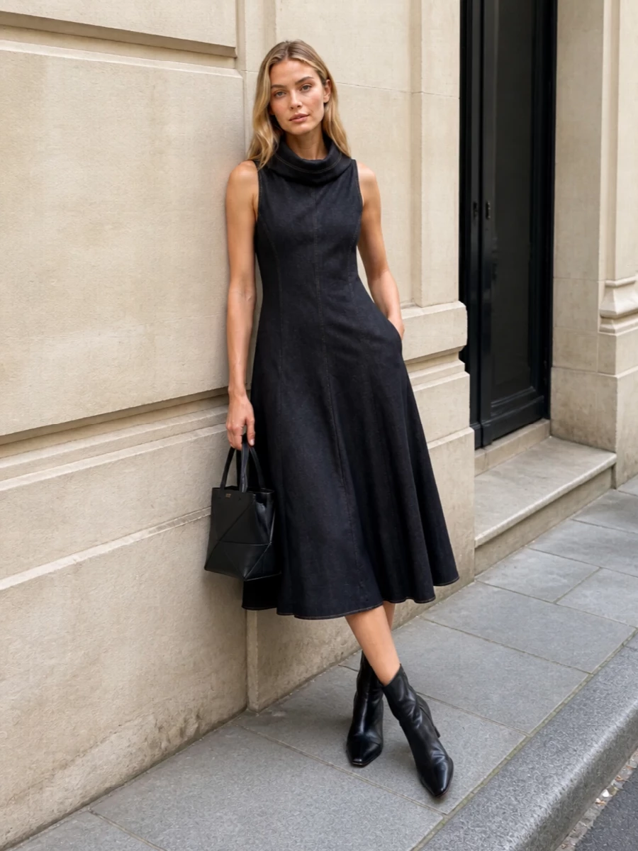 This look centers on the Jacquemus charcoal-black cowl‑neck midi, whose sculptural seams and fluid A-line echo the Loewe tote’s precise yet understated geometry. The Row’s black ankle sock boots keep the line elongated and quietly sharp, reinforcing a monochrome, FW-ready palette that reads architectural, modern and confidently minimal around the structured small tote.