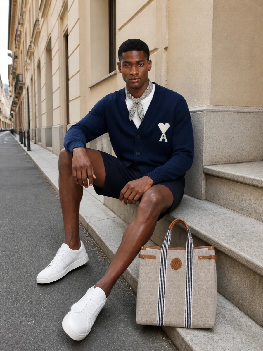 Navy on navy keeps this cardigan-and-short pairing sharp, while the tailored cut of the city shorts stops the knit from feeling too relaxed. Clean white sneakers and an understated canvas tote keep the palette fresh and quietly preppy, ideal for warm days that still call for a bit of structure. The small geometric scarf is a considered finishing touch, whether knotted at the neck or slipped into a pocket.