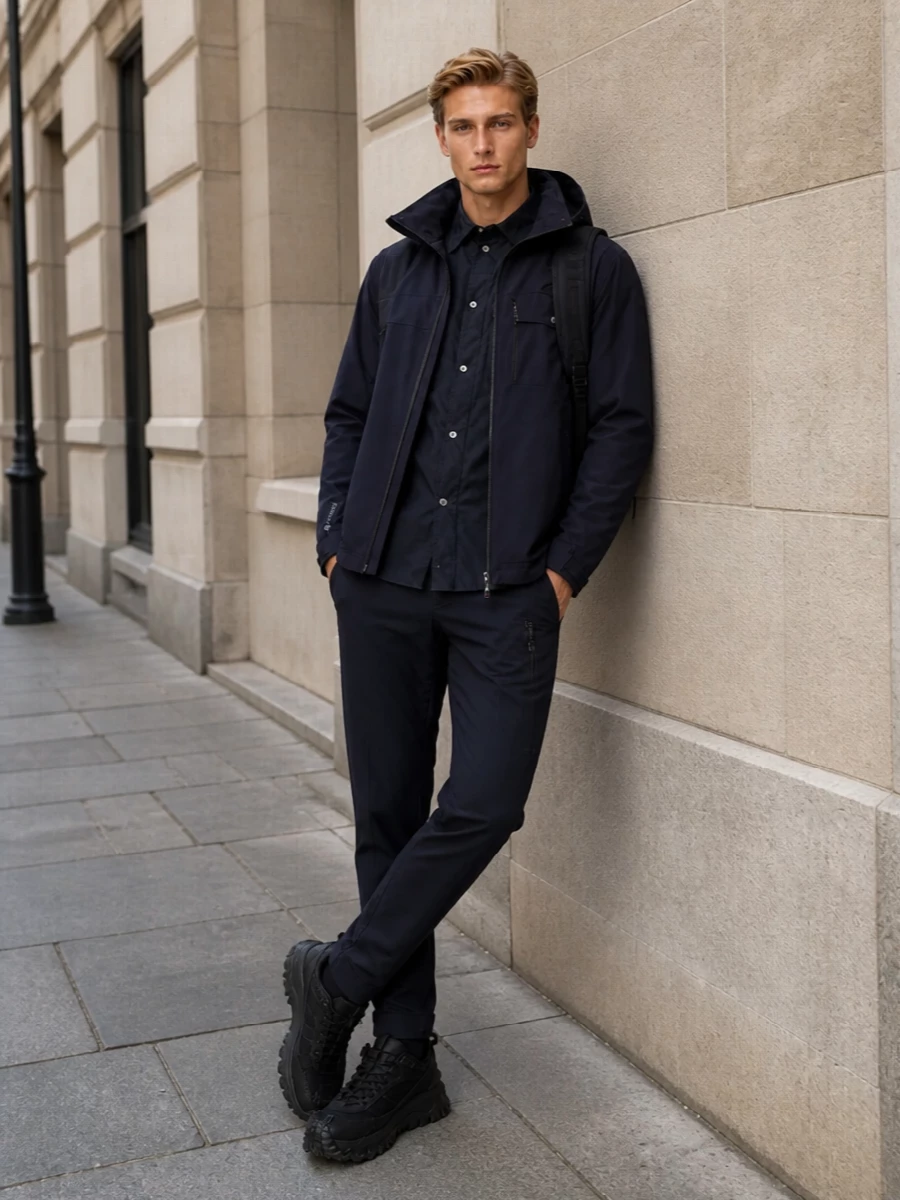 Moncler shell jacket trail sneakers outfit