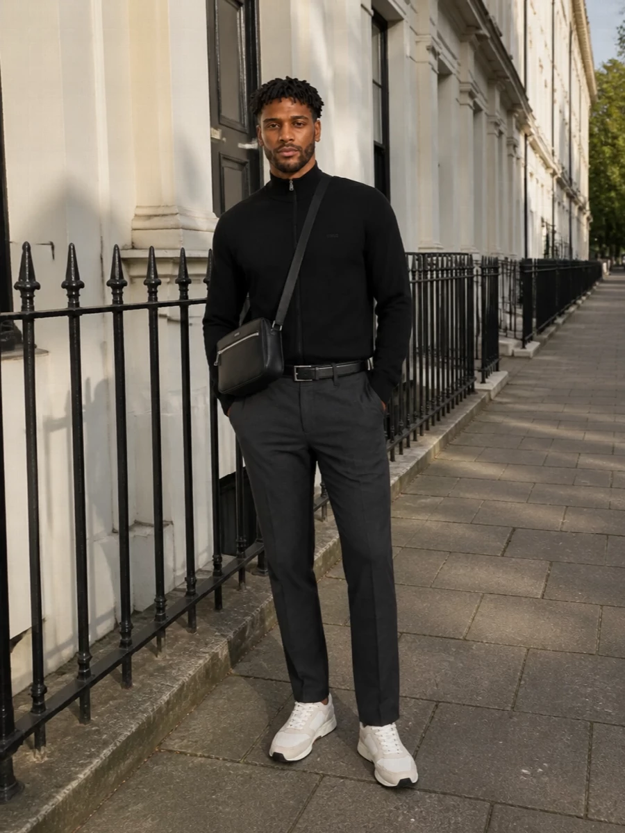 Boss black zip cardigan charcoal chinos outfit