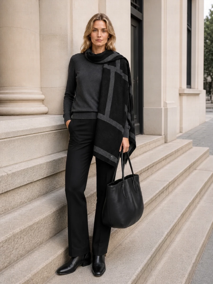 The row charcoal sweater black tailored trousers