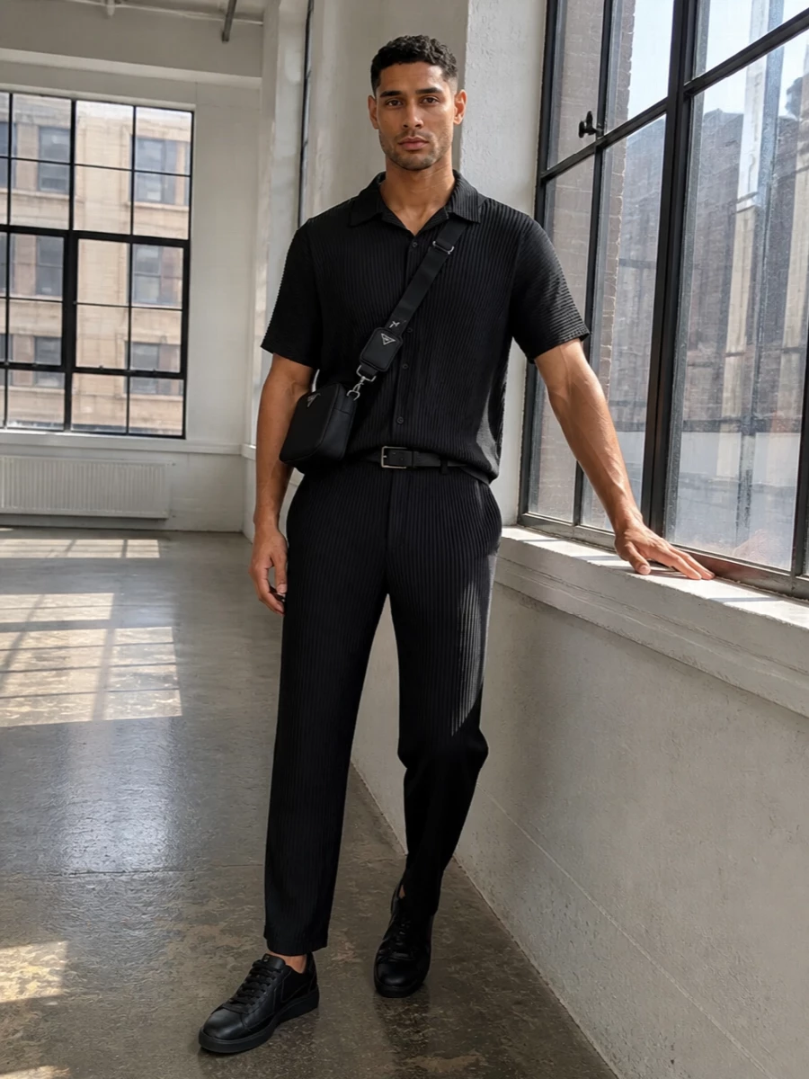 Issey miyake homme plisse prada black sneakers outfit