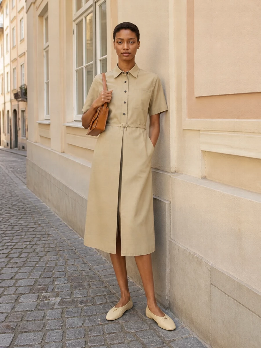 A tan Fendi shirt dress and the Jacquemus shoulder bag form a clean, monochrome column in warm caramel, giving a refined, quietly confident mood. Opting for the dress path keeps the story minimalist and uninterrupted, letting the precise tailoring and colour do the work without additional seams or layers. Loewe’s soft pointed flats finish it with subtle polish and day-long ease rather than overt statement.