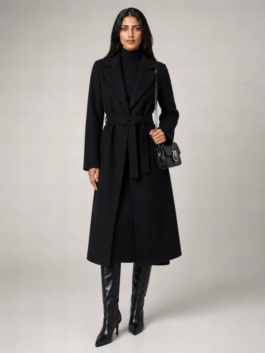 Pinko Bouclé Single-Breasted Long Belted Coat