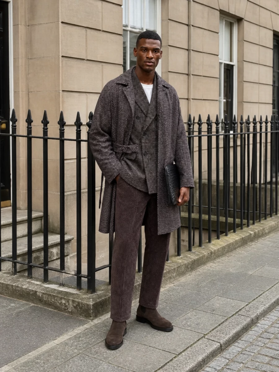 Tagliatore herringbone coat cord trousers outfit