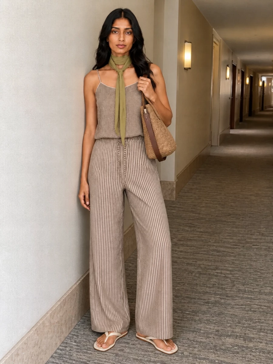 Alysi striped cami trouser raffia tote outfit