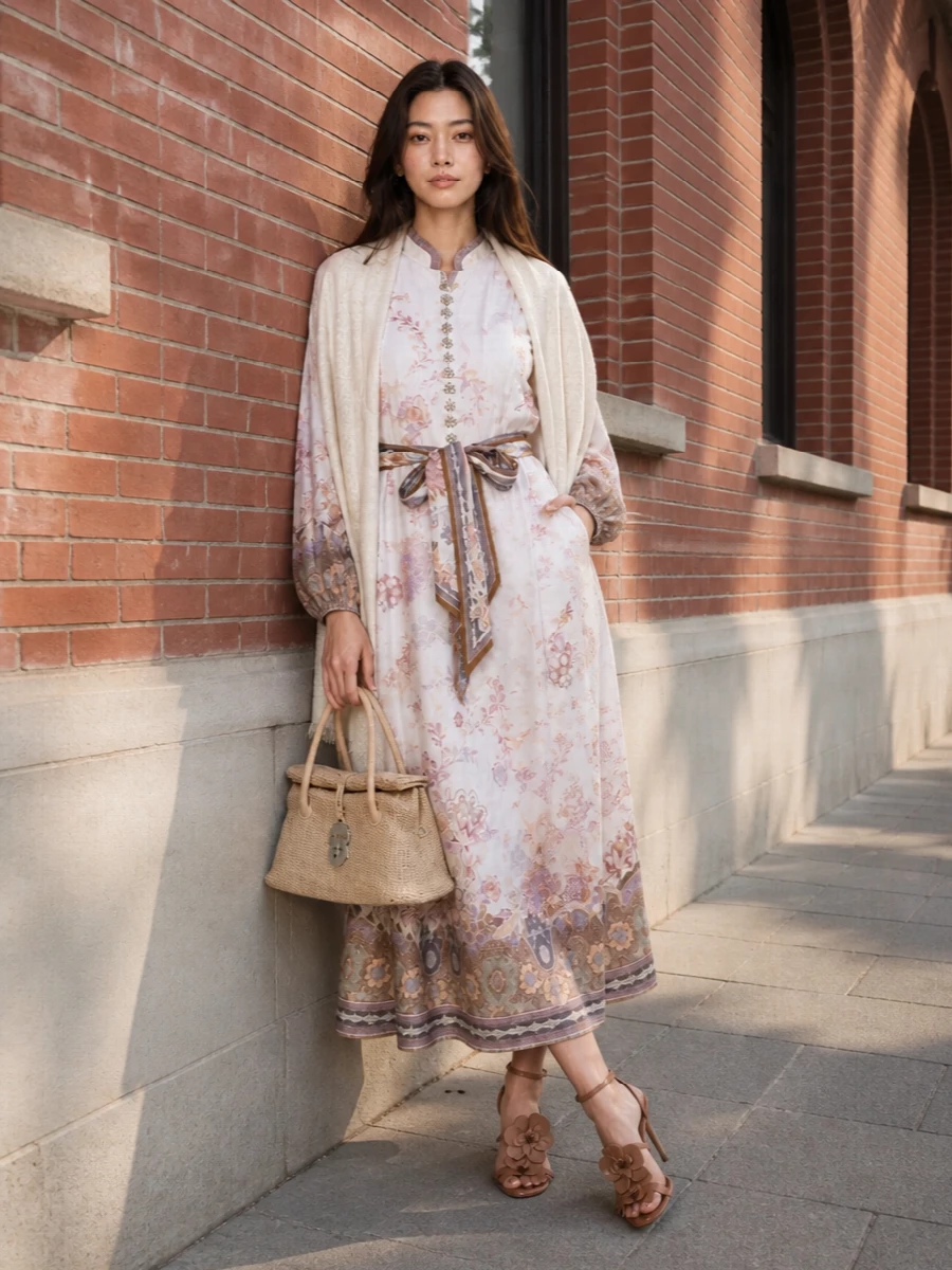 A softly structured garden-party ensemble built around Zimmermann’s floral midi, anchored with tan heels and a refined woven tote. The neutral accessories keep the focus on the dress’s print while adding quiet texture and polish. It feels perfectly suited to daytime weddings, terraces and summer city lunches where you want romance with restraint.