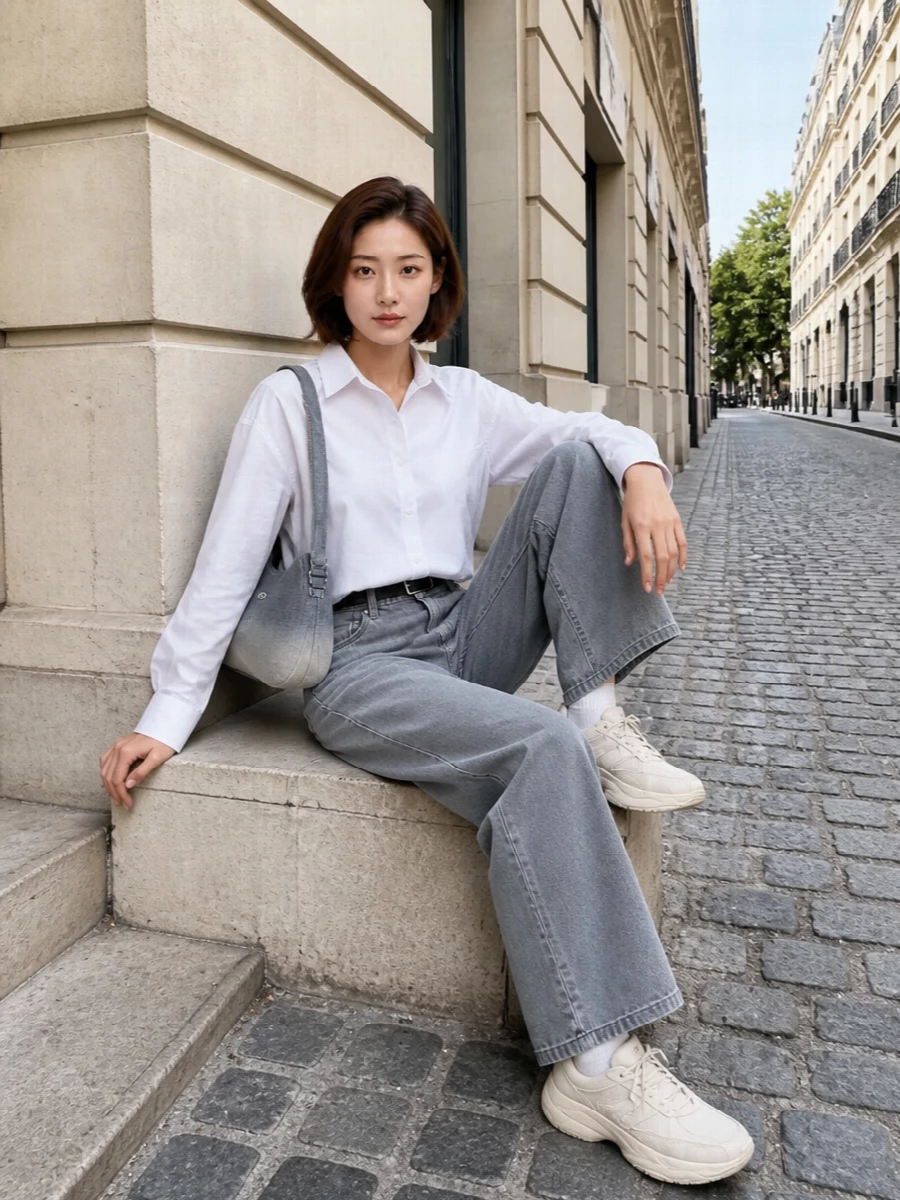 Calvin klein wide leg jeans cropped shirt sneakers