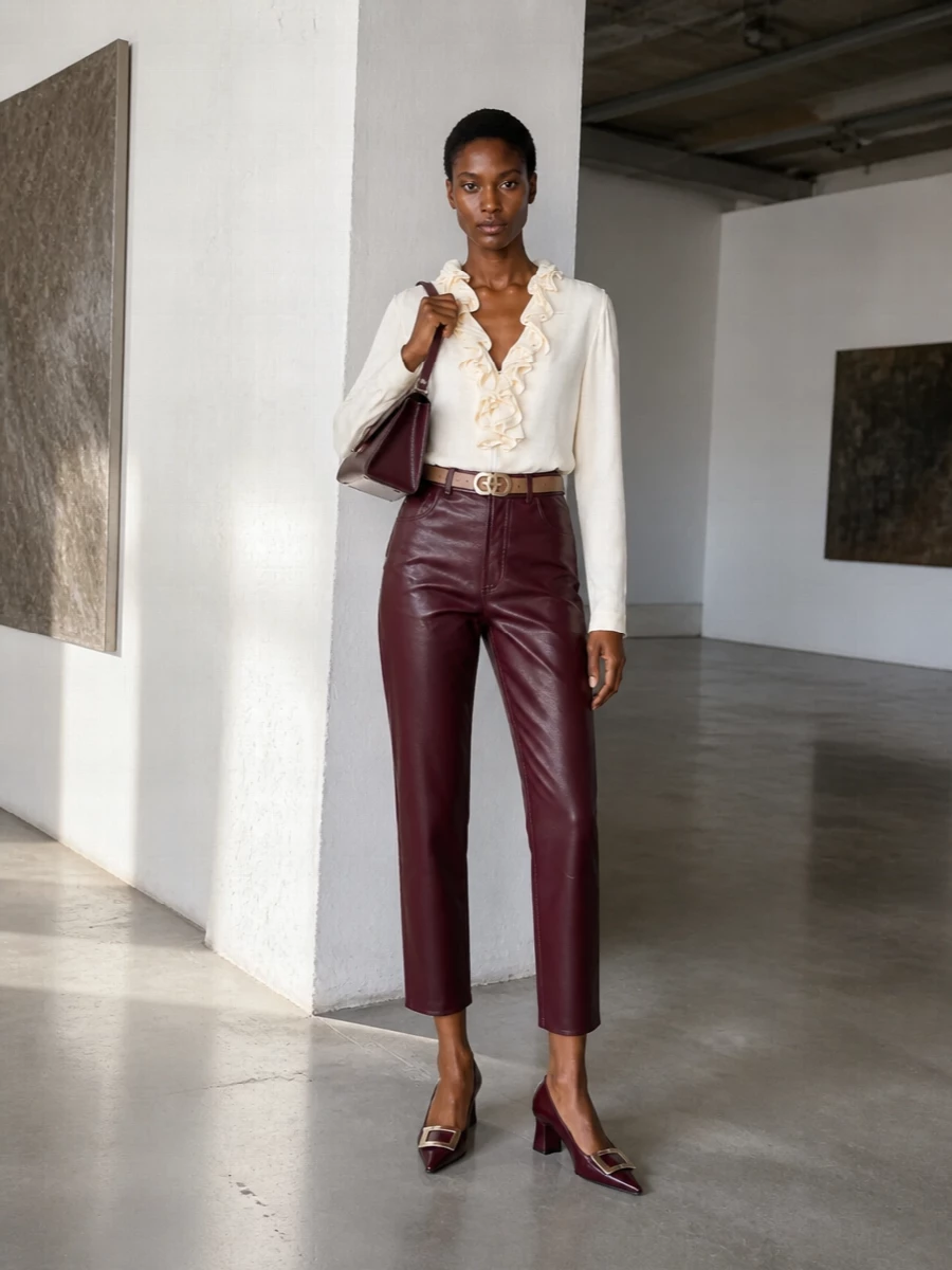 Alberta ferretti leather trousers ivory blouse