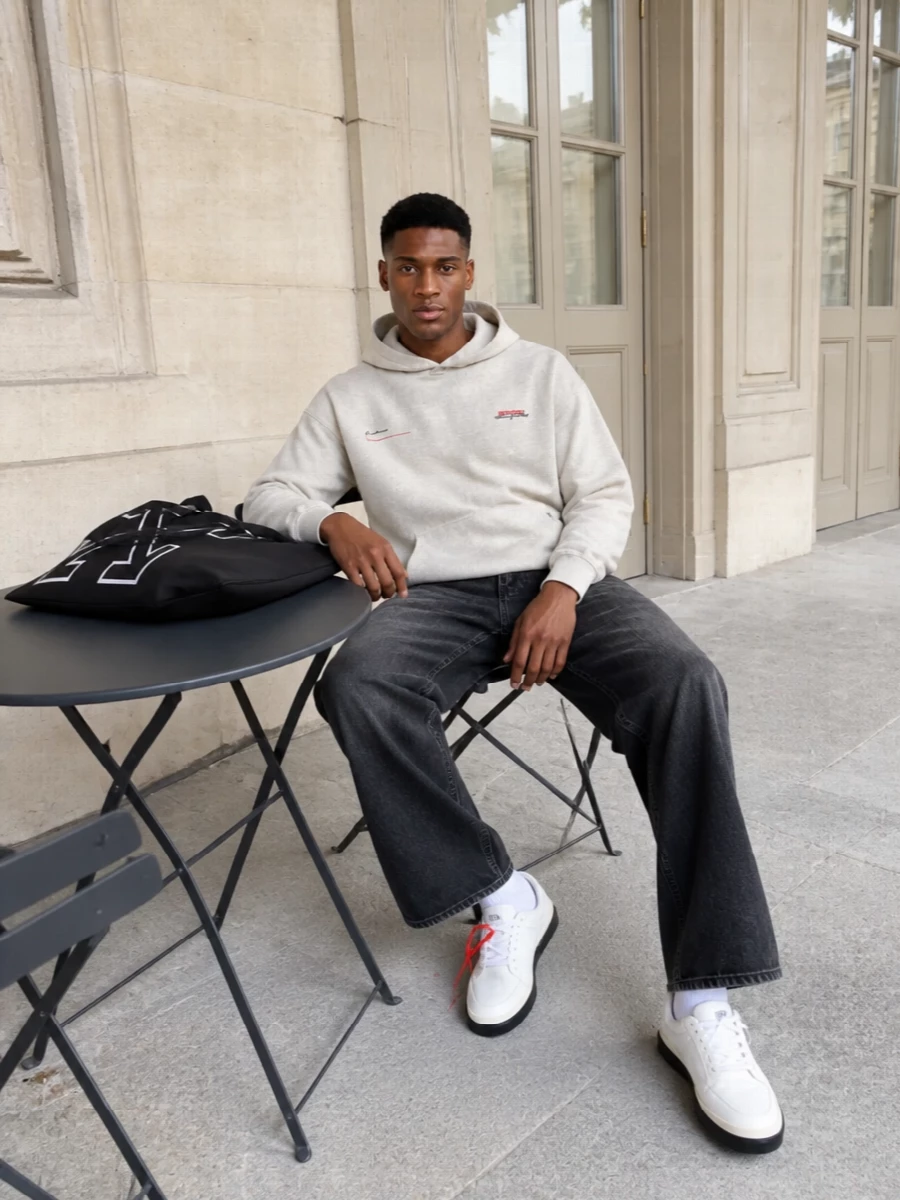 Represent hoodie washed black jeans off white sneakers