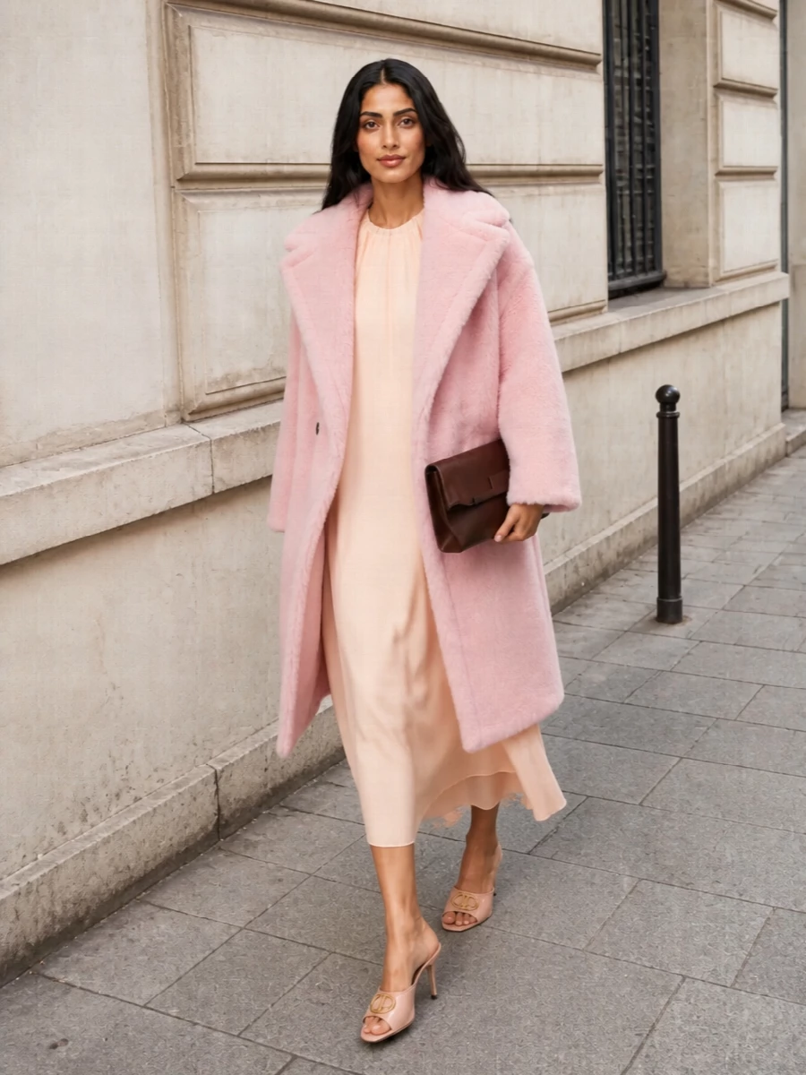 Powder pink faux fur coat blush midi dress outfit