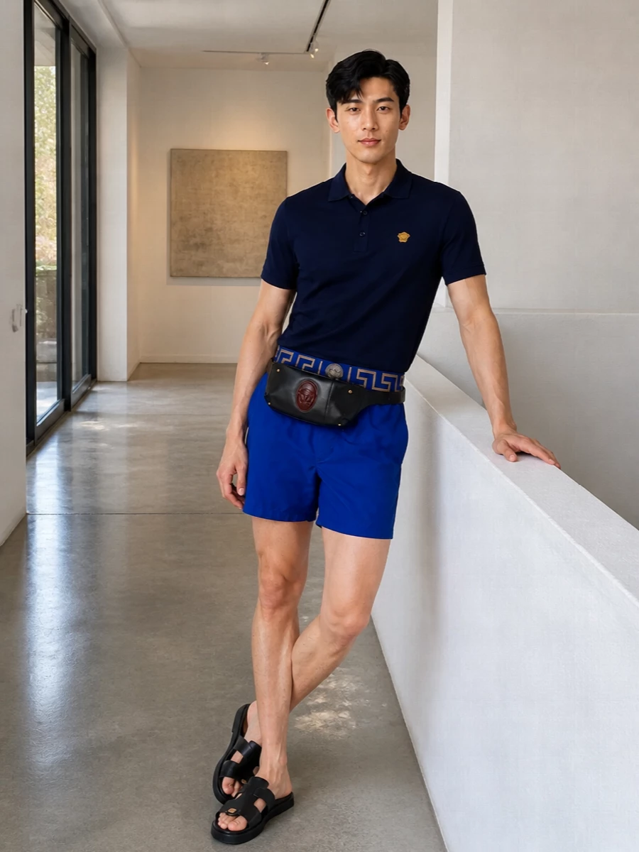 Versace blue swim shorts navy polo slides