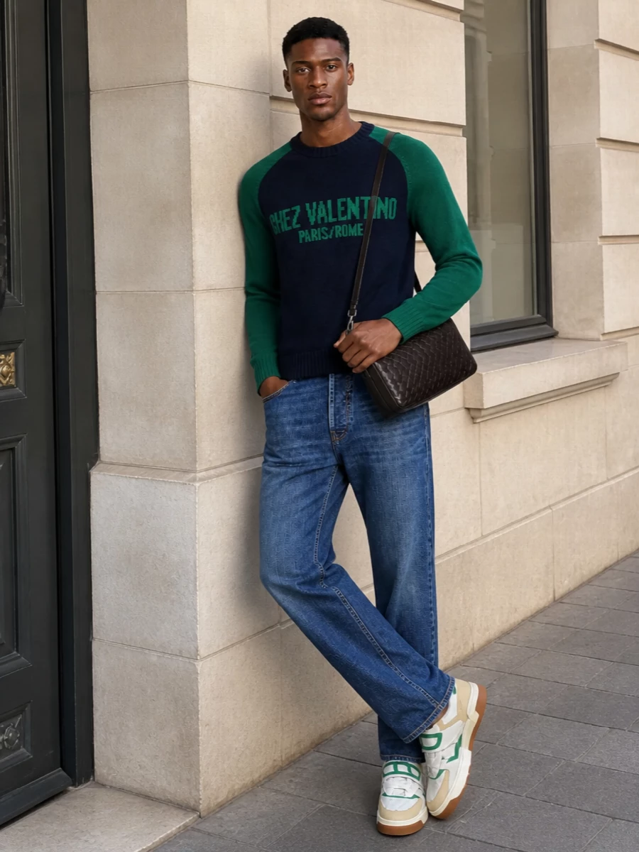 Valentino crewneck denim bottega crossbody outfit
