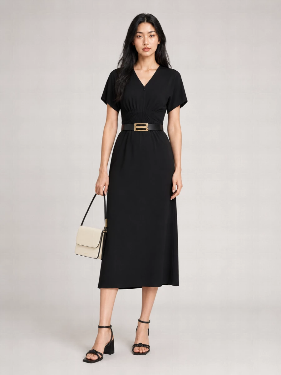 Victoria Beckham Crepe Gathered Waist Midi Dress