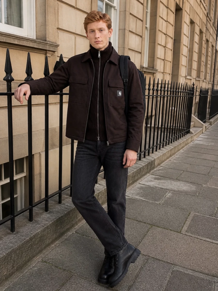 Carhartt brown work jacket black jeans boots