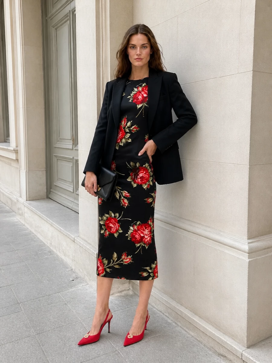 Dolce & Gabbana’s rose-splashed sheath stays center stage, framed by a razor-sharp black pump and equally precise black clutch for pure Italian evening polish. The red slingbacks pick up the florals’ rich crimson, creating a long, clean column that feels sensual but impeccably tailored for cocktails, weddings or a formal dinner. Gold accents are kept minimal so the print does all the talking.