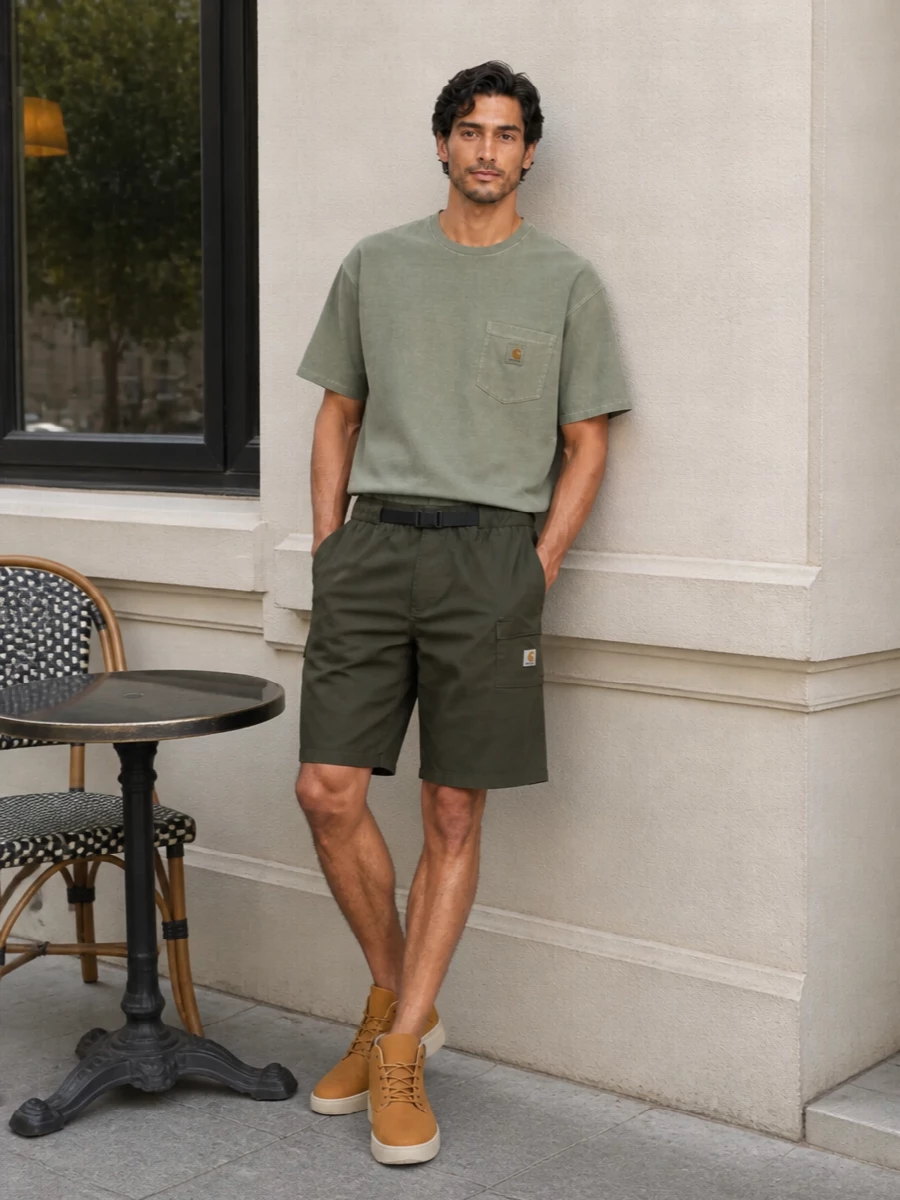 Carhartt olive shorts tee timberland boots outfit
