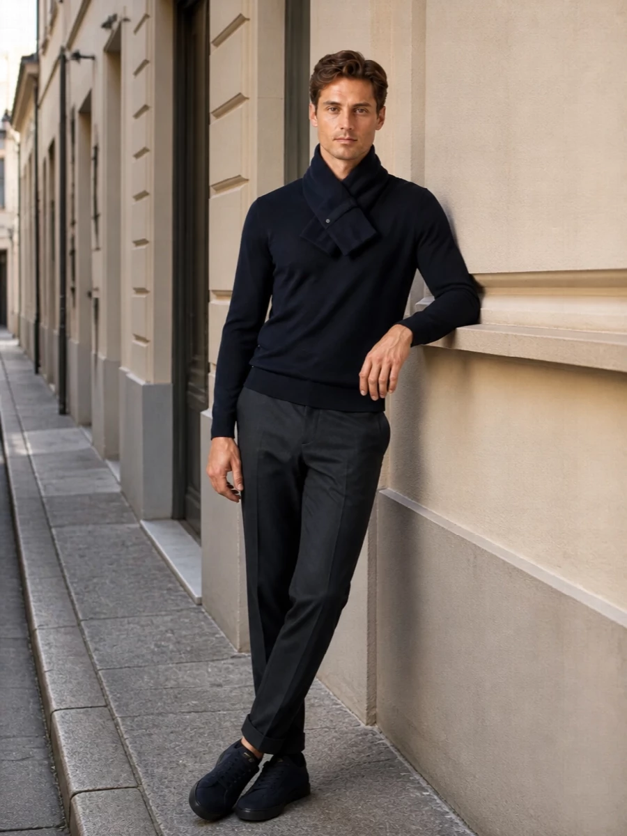 Paul smith navy sweater tailored trousers outfit