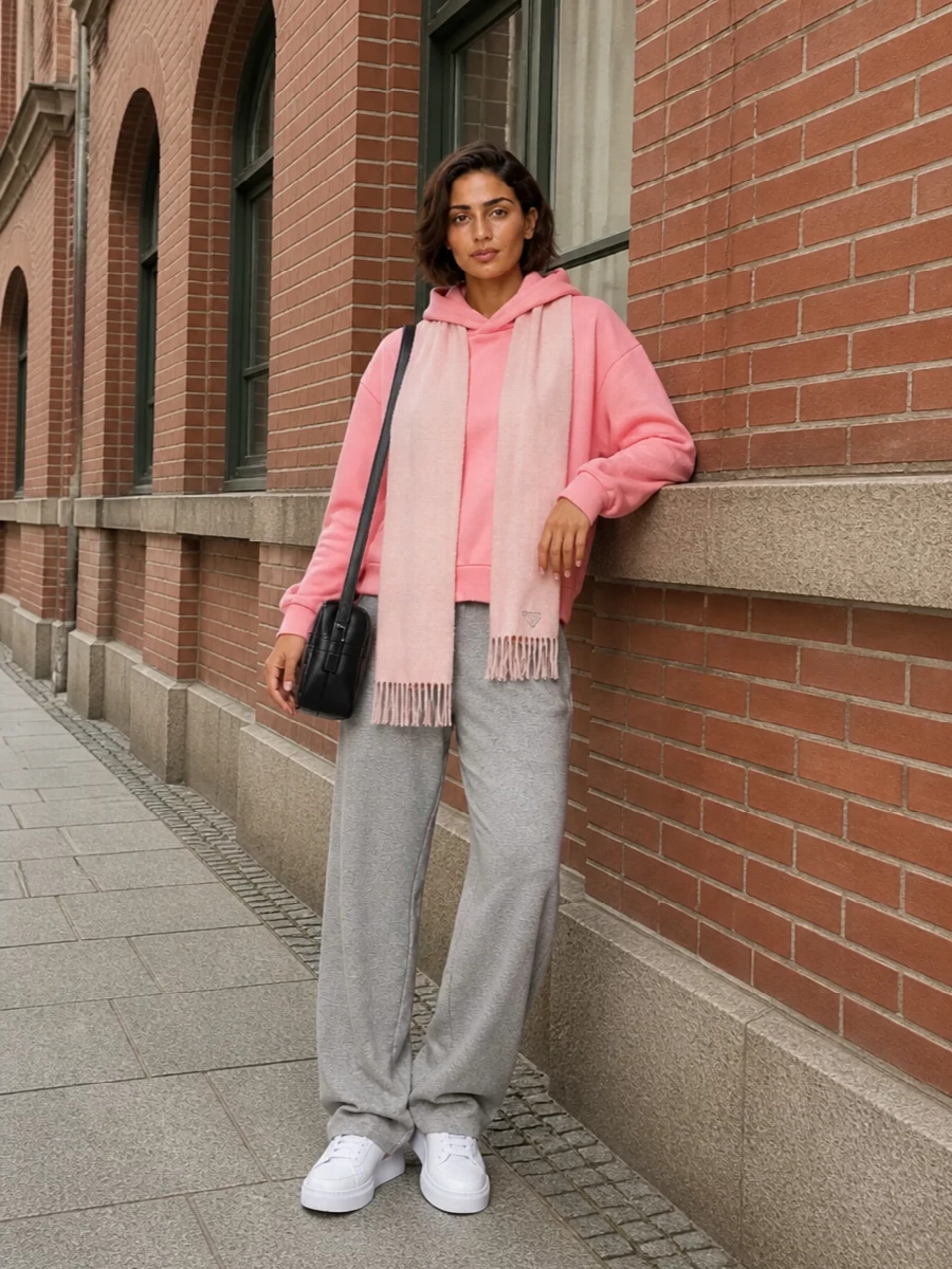 Acne studios pink hoodie grey sweatpants outfit