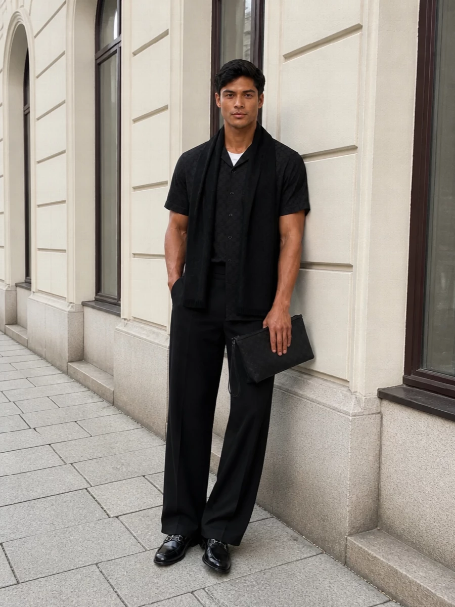 Gucci camp collar shirt wide leg trousers outfit