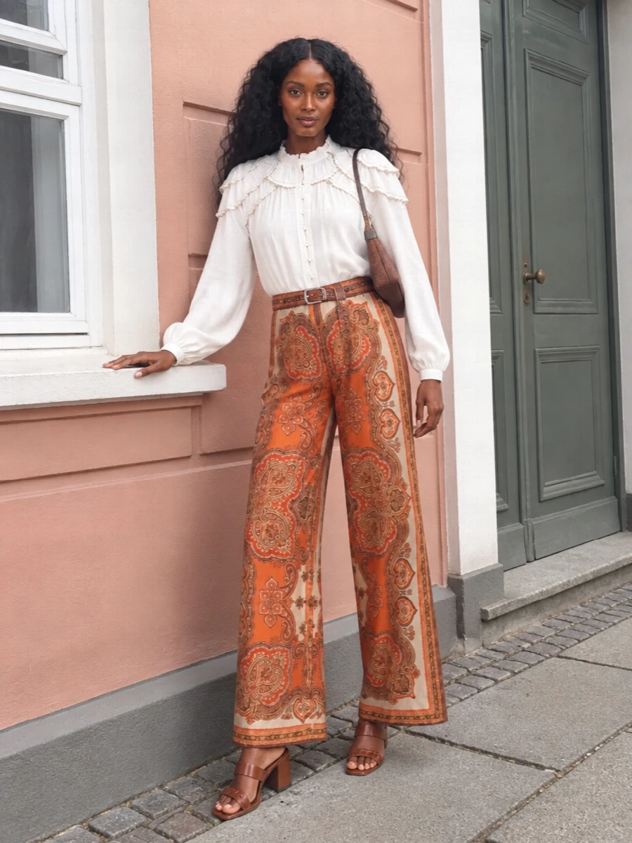 Zimmermann paisley trousers ivory ruffle blouse outfit