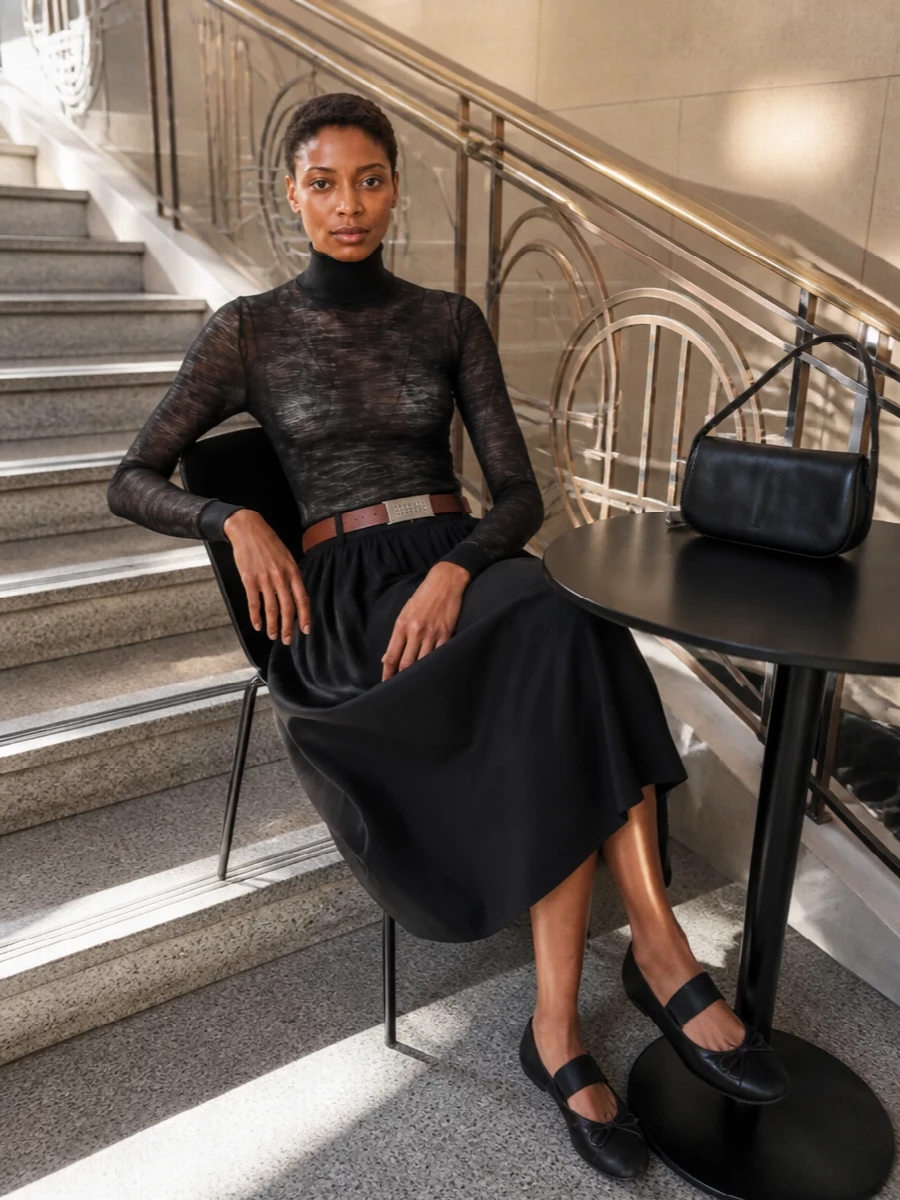 Mm6 black pleated midi skirt outfit