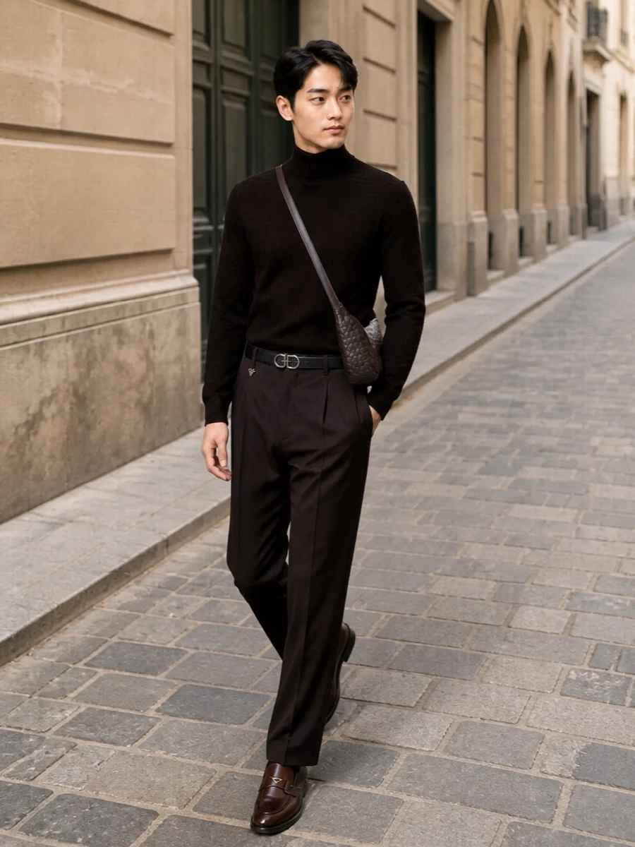 Prada turtleneck wool trousers brown outfit
