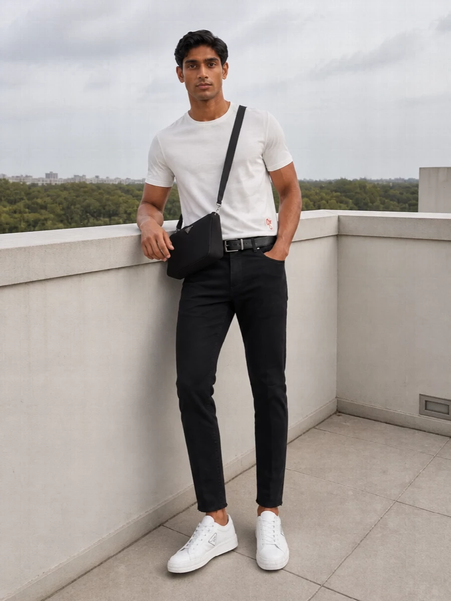 Golden goose tee black jeans prada sneakers