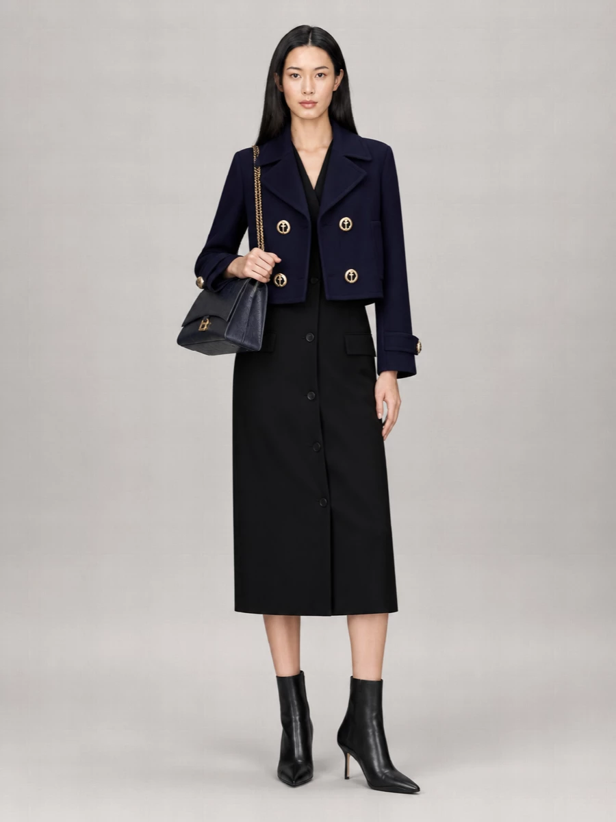 Balenciaga Wool Textured Cropped Double-Breasted Peacoat