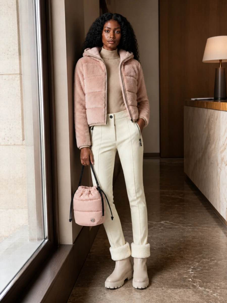 I am building around separates rather than a dress so the cropped Moncler Grenoble shearling jacket stays the star and the proportions remain athletic and modern. The fitted beige mock-neck and cream slim technical trousers create a long, lean line under the plush volume, while shearling-cuffed boots and a blush padded bucket bag complete a quiet alpine palette that works from city errands to chalet weekends. It is cocooning, quietly luxurious and unmistakably sport-rooted without feeling technical-heavy.