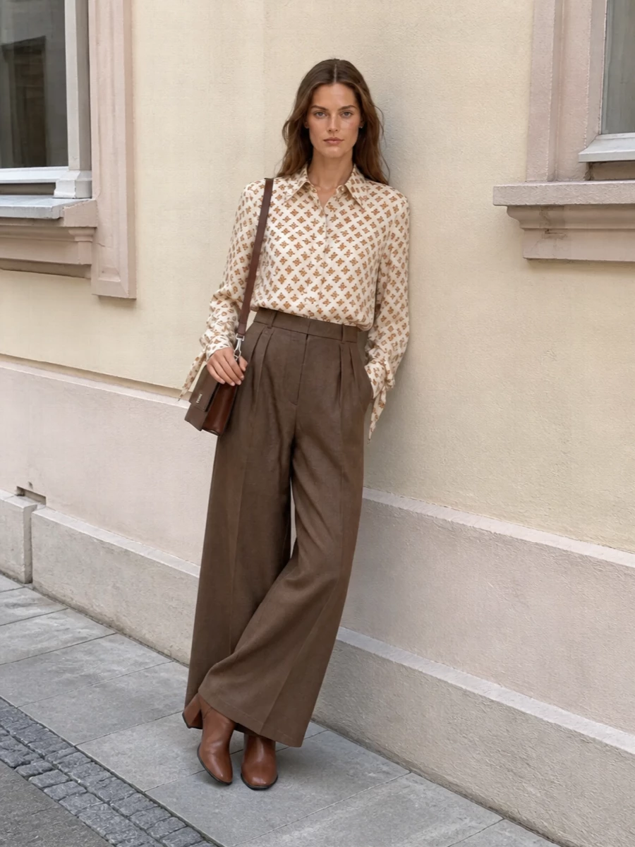 Max mara camel wide leg monogram shirt outfit