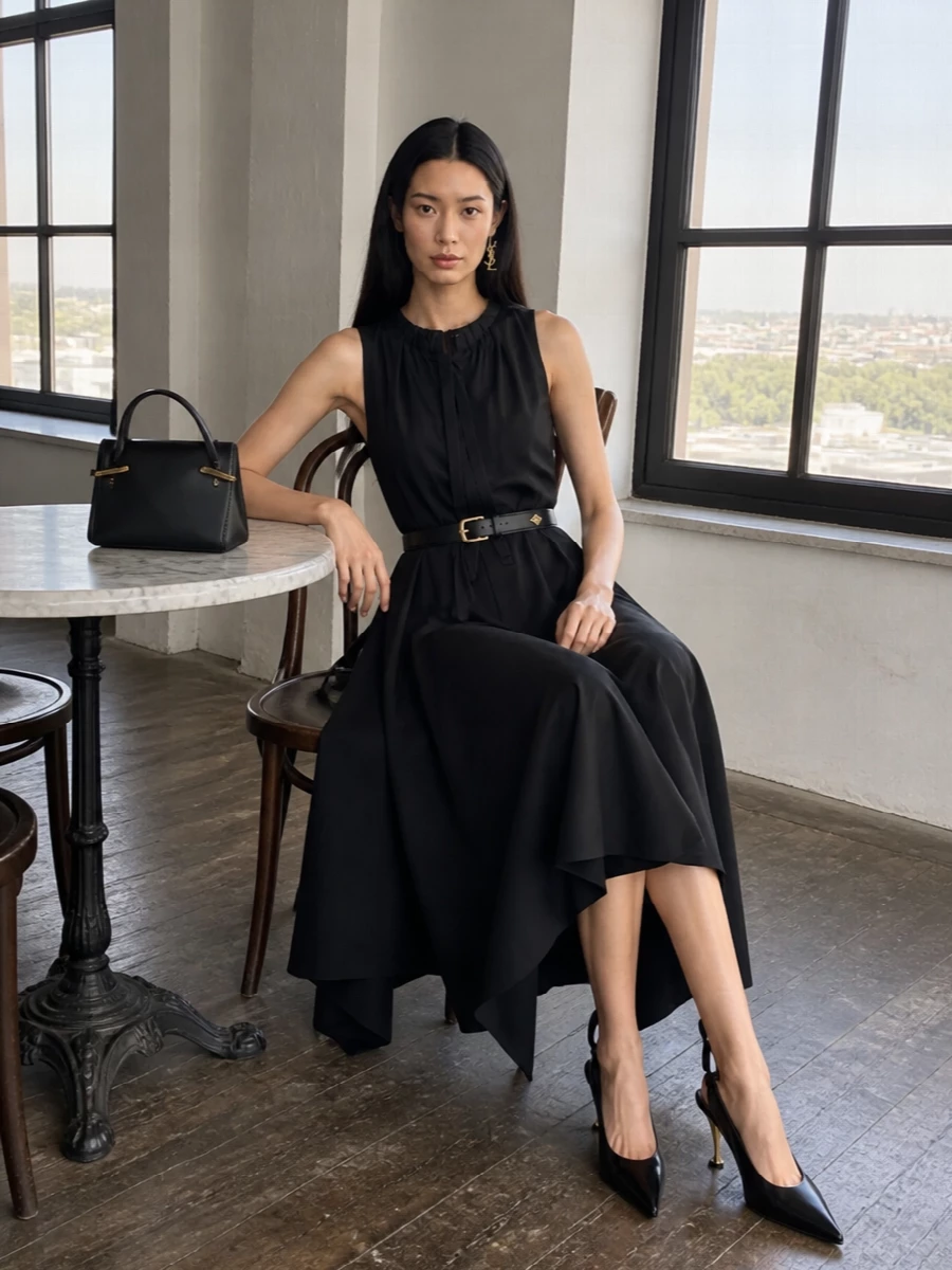 Givenchy black midi dress gold heels clutch
