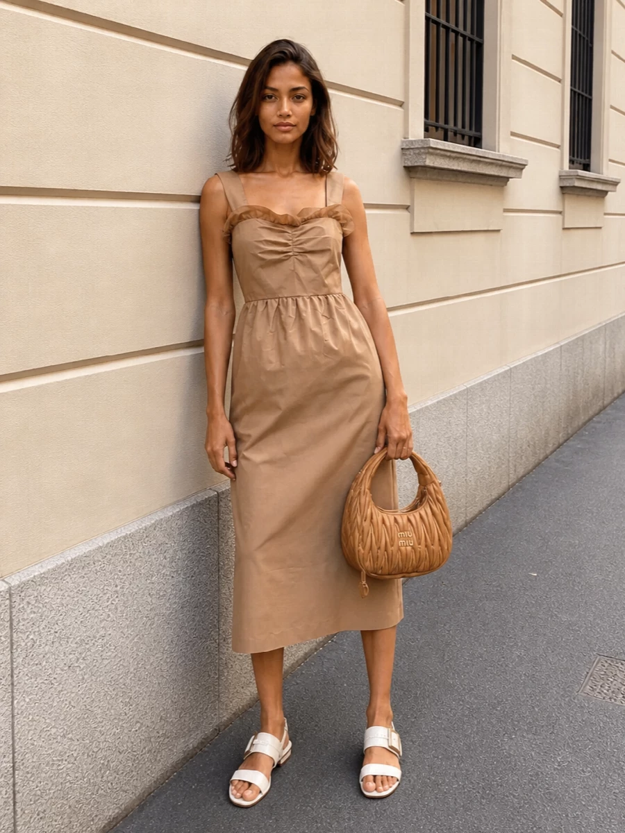 A warm camel palette runs from the Chloé midi dress straight through to the Miu Miu hobo, so the whole outfit feels soft, tonal and quietly romantic. The ruched, ruffled neckline brings just enough interest, while the clean column of the dress keeps it modern rather than frilly. Ivory block-heel slingbacks add polish and a hint of shine, keeping the mood relaxed enough for daytime but refined enough for dinner.