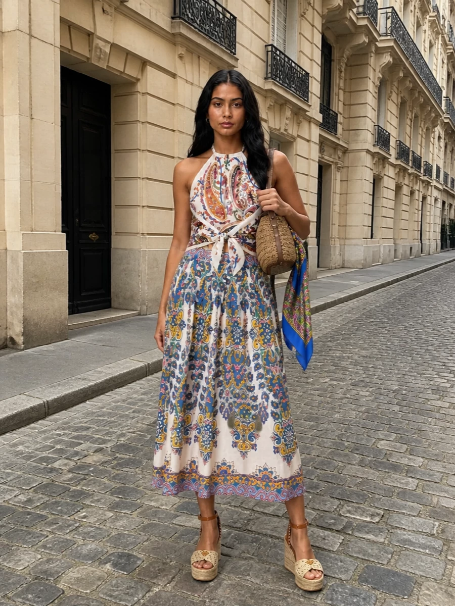 A coordinated Etro story in cream, cobalt and sunlit brights, this pairing turns the paisley skirt and scarf halter into a breezy, almost-dress silhouette. Tan raffia wedges and a woven shoulder bag keep the mood relaxed yet polished, ideal for summer lunches or garden parties where you want colour with ease. A cobalt-bright scarf on the bag or in the hair finishes the outfit with a joyful, wanderlust note.