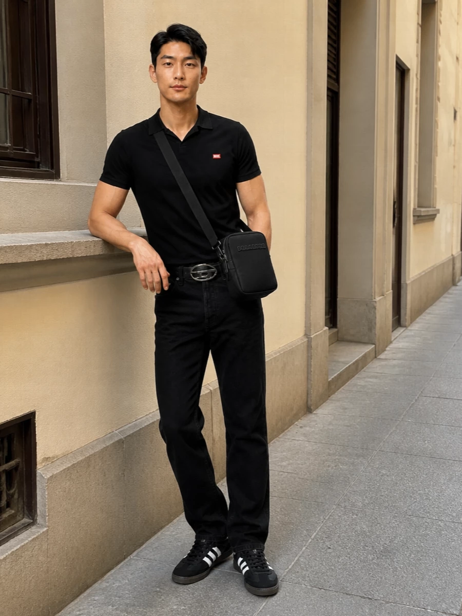 Diesel black v neck tee black jeans adidas sneakers