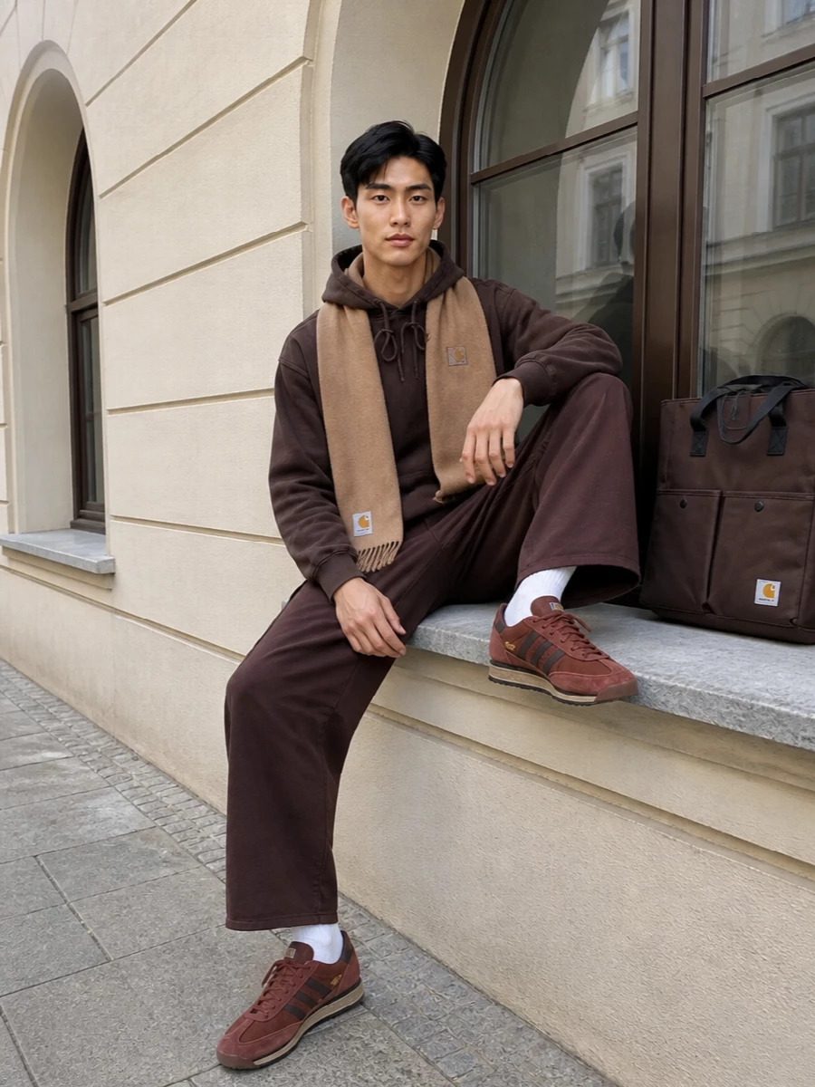 A washed brown hoodie sits over loose dark-brown cargos for a laid-back, skate-leaning workwear uniform in one deep earth palette. Rust-toned runners keep it agile and low-key, while a matching brown tote and camel scarf tie the textures together without breaking the mood.