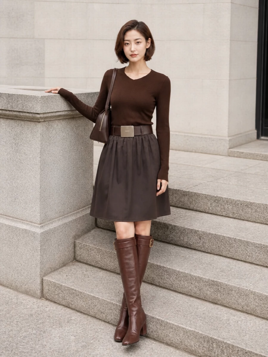 Miu miu chocolate a line skirt outfit boots