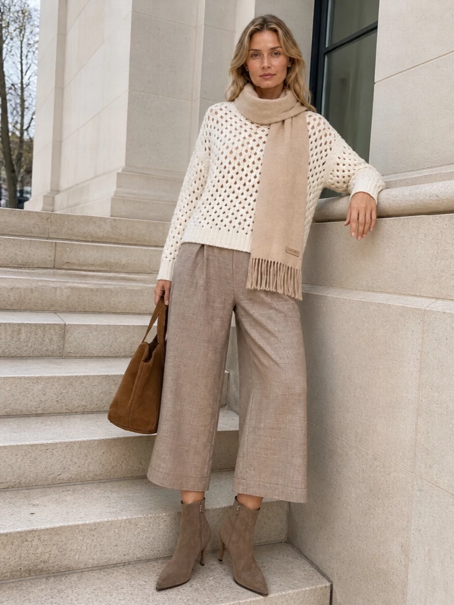 Alysi ivory sweater beige culottes ankle boots